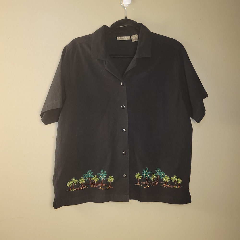 Jane Ashley Womens L Black Embroidered Palm Tree Button Shirt Beaded Tropical...